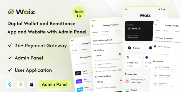 Waiz v1.3 – Digital Wallet and Remittance App and Website with Admin Panel