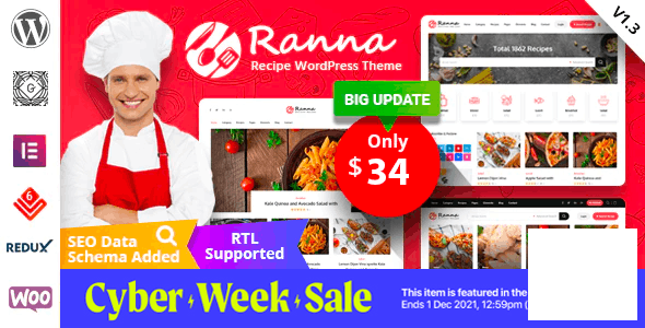 Ranna v1.4.1 - Food & Recipe WordPress 主题 + RTL