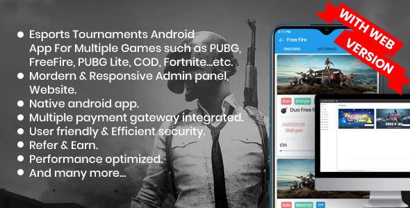 BattleMania With Web version v5.0 – 带有 PUBG / Free Fire / COD 网站和管理面板的锦标赛应用程序
