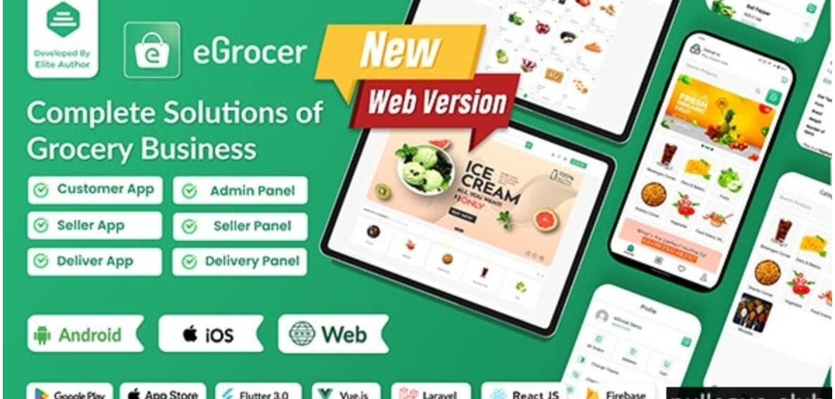 eGrocer v1.9.5 - 在线多供应商杂货店、电子商务市场 Flutter 完整应用程序，带管理面板